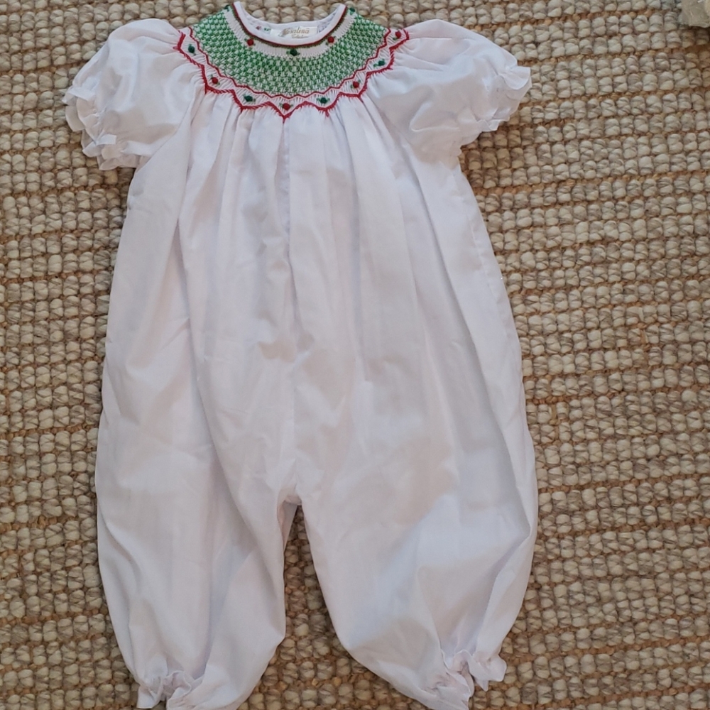 Smocked holiday long onesie